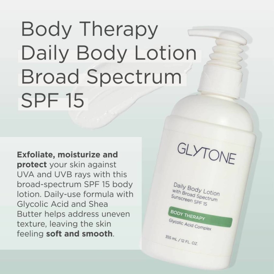 GLYTONE Daily Body Lotion SPF 15 with Glycolic Acid & Shea Butter – Broad Spectrum Sunscreen for Sensitive Skin, Non-Greasy Moisturizer, 12 Oz