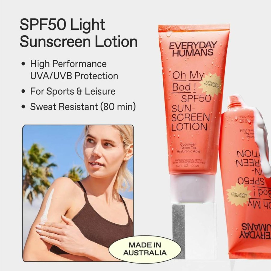 EVERYDAY HUMANS Oh My Bod SPF50 Sunscreen Lotion 3.4oz - Broad Spectrum UVA/UVB Protection, Lightweight, Water Resistant, Oxybenzone-Free, Non-Stinging, Travel-Friendly