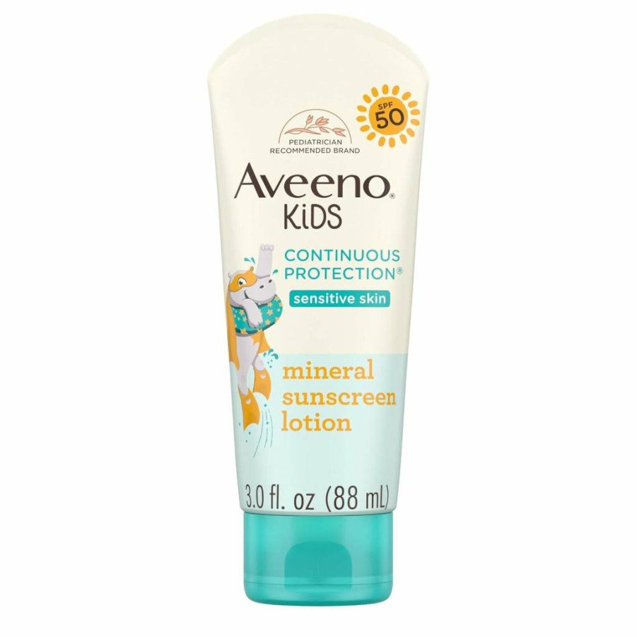 Aveeno Kids Mineral Sunscreen SPF 50 for Sensitive Skin, Tear-Free, Water-Resistant, Non-Greasy Zinc Oxide Lotion, 3 oz