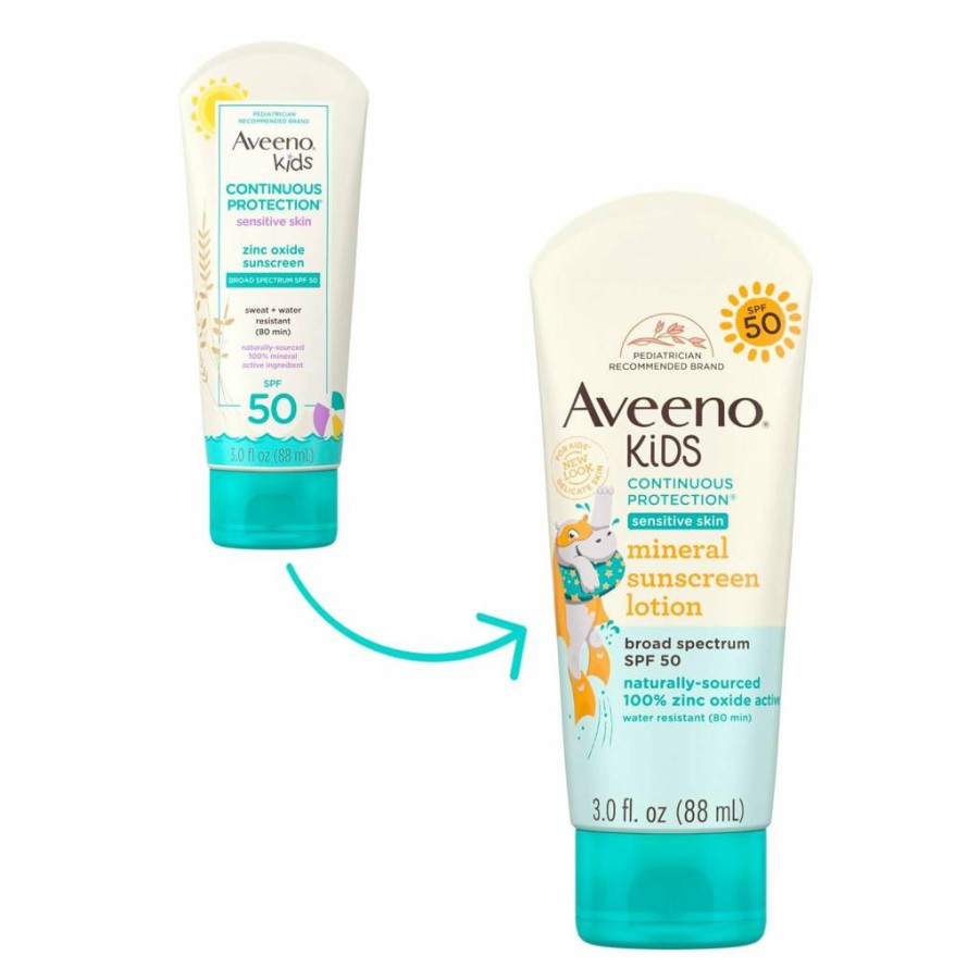 Aveeno Kids Mineral Sunscreen SPF 50 for Sensitive Skin, Tear-Free, Water-Resistant, Non-Greasy Zinc Oxide Lotion, 3 oz