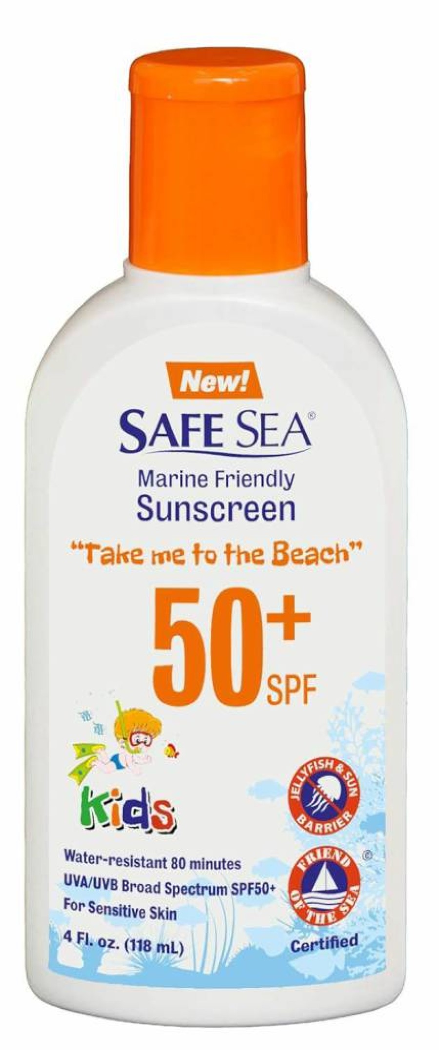 Safe Sea Kids SPF 50+ Sunscreen Lotion 4oz – Waterproof, Biodegradable, Reef-Safe, Jellyfish & Sea Lice Sting Protection for Face & Body