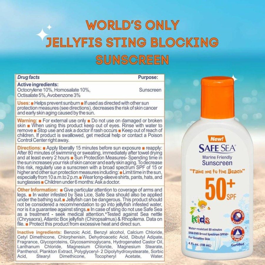 Safe Sea Kids SPF 50+ Sunscreen Lotion 4oz – Waterproof, Biodegradable, Reef-Safe, Jellyfish & Sea Lice Sting Protection for Face & Body