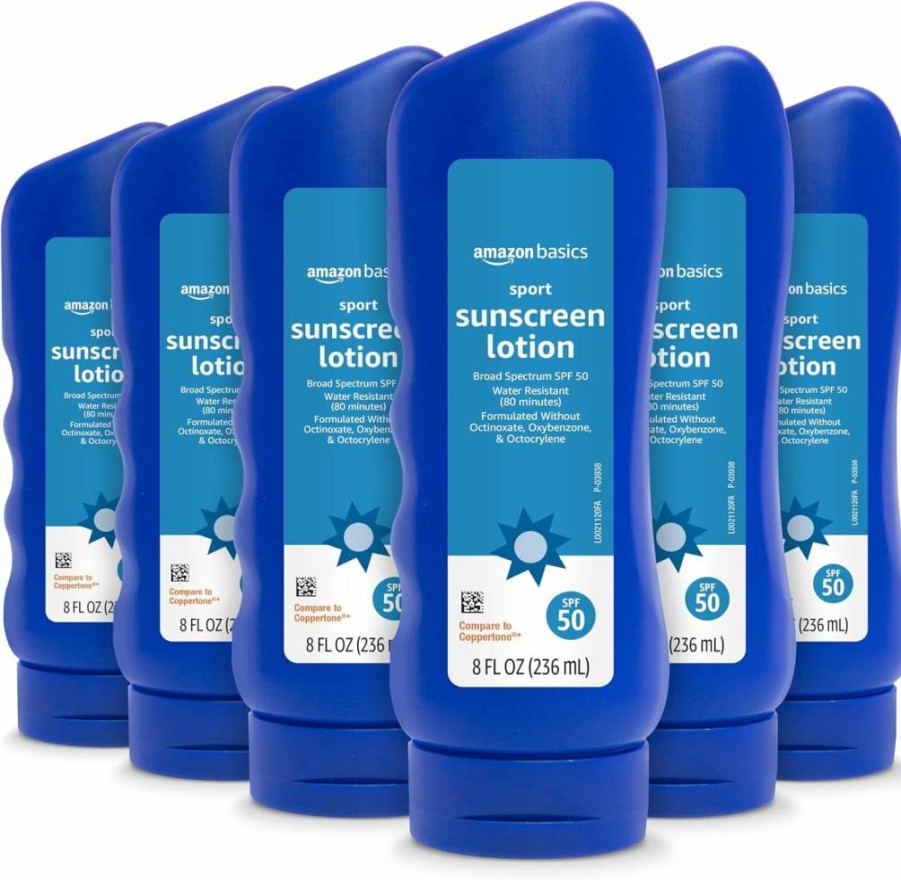Solimo Unscented Sunscreen Lotion SPF 30, 6-Pack (8 Fl Oz Each), Reef-Safe, No Octinoxate or Oxybenzone, Broad Spectrum UVA/UVB Protection