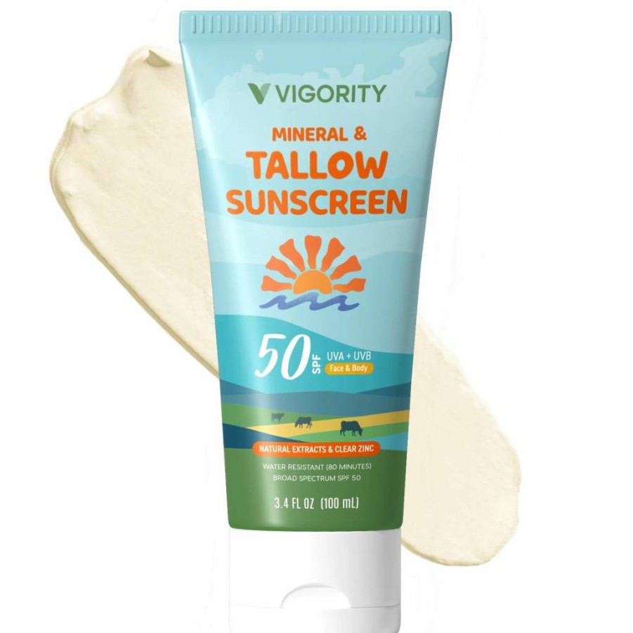 Vigority Natural SPF 50 Tallow Sunscreen with Zinc Oxide - Non-Toxic, Water-Resistant Sunblock for Face & Body, Safe for Kids & Sensitive Skin, Enriched with 10 Botanical Extracts - 3.4 Fl Oz