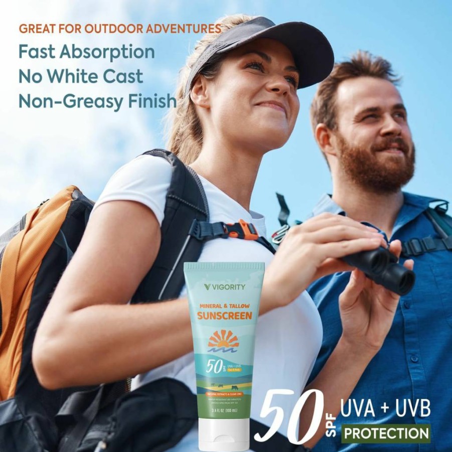 Vigority Natural SPF 50 Tallow Sunscreen with Zinc Oxide - Non-Toxic, Water-Resistant Sunblock for Face & Body, Safe for Kids & Sensitive Skin, Enriched with 10 Botanical Extracts - 3.4 Fl Oz
