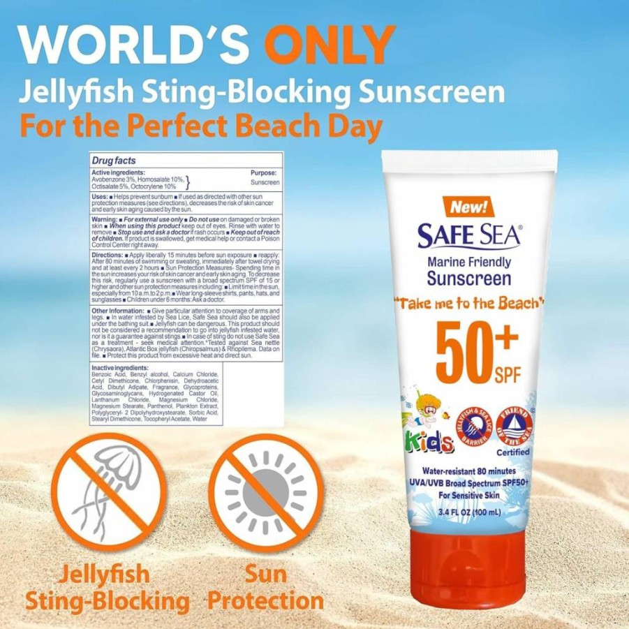 SAFE SEA Kids SPF50+ Sunscreen for Sensitive Skin – Travel Size 3.4 Oz, Coral Reef Safe, Anti-Jellyfish & Sea Lice Sting Protection