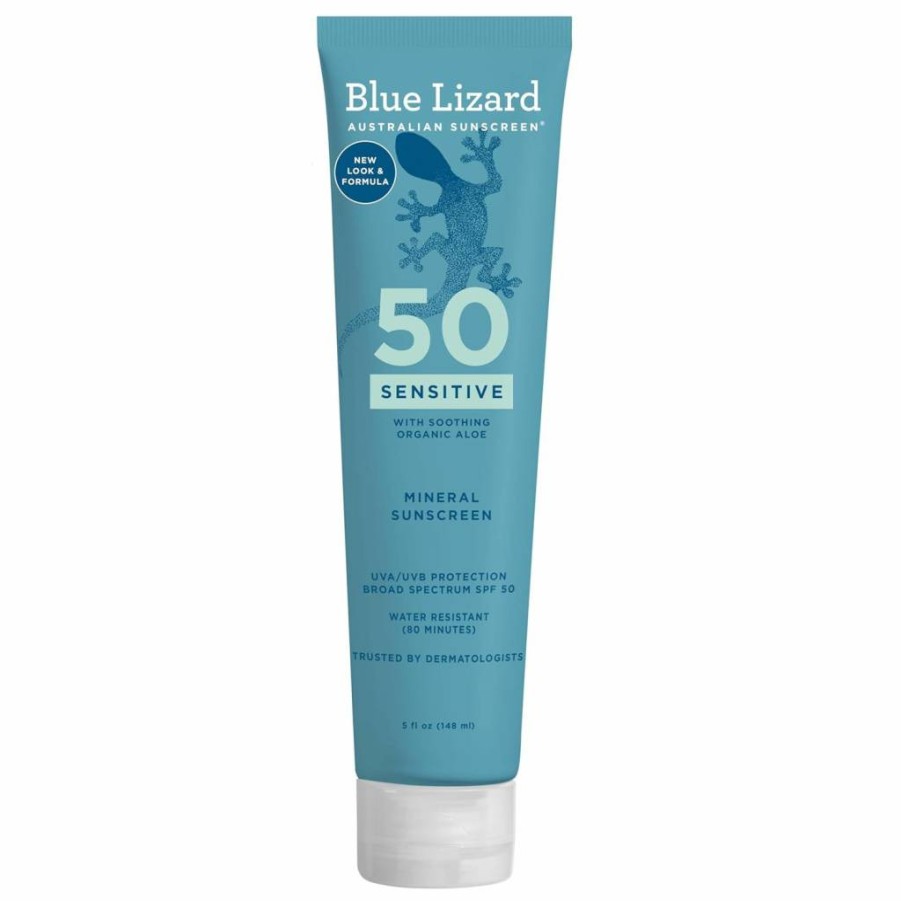 Blue Lizard Sensitive Mineral Sunscreen SPF 50 with Zinc Oxide, Fragrance-Free, Water-Resistant, UVA/UVB Protection, Smart Cap Technology, 5 fl oz Tube