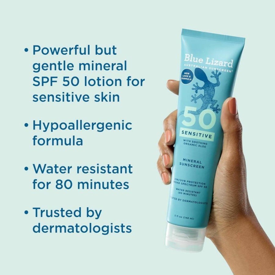 Blue Lizard Sensitive Mineral Sunscreen SPF 50 with Zinc Oxide, Fragrance-Free, Water-Resistant, UVA/UVB Protection, Smart Cap Technology, 5 fl oz Tube