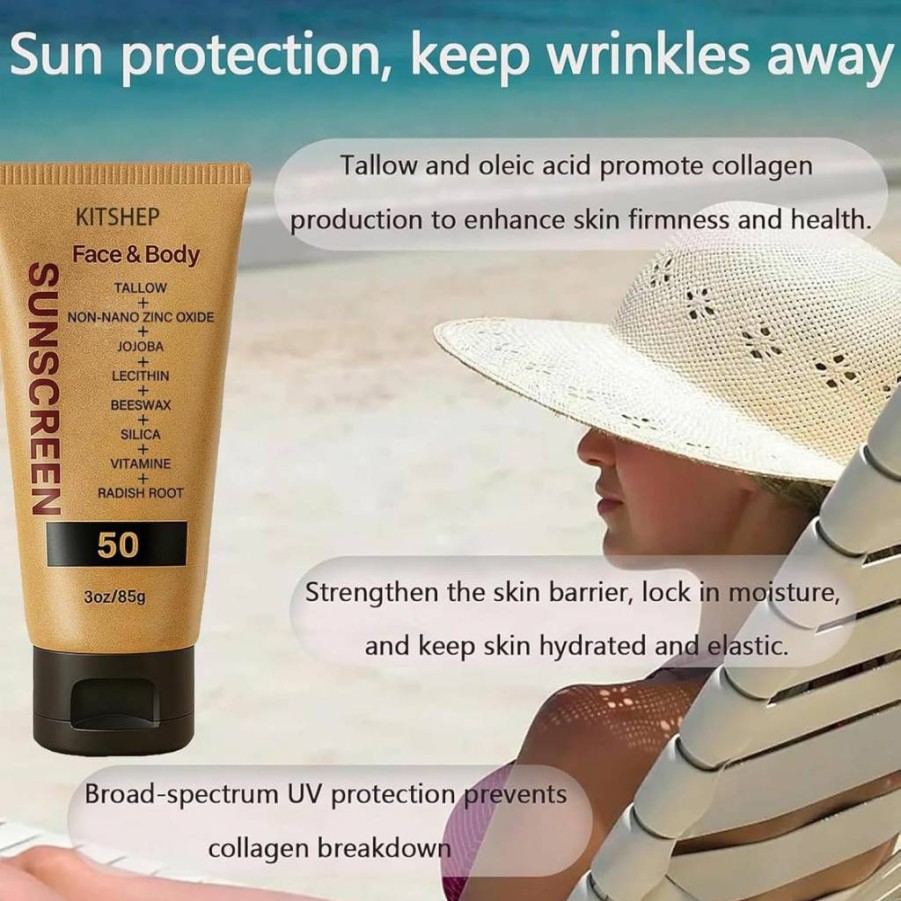 KITSHEP Grass-Fed Beef Tallow Sunscreen - Organic, Non-Greasy, Unscented SPF for Face & Skin, 3 Oz Natural Sun Protection for Summer Outdoor Activities