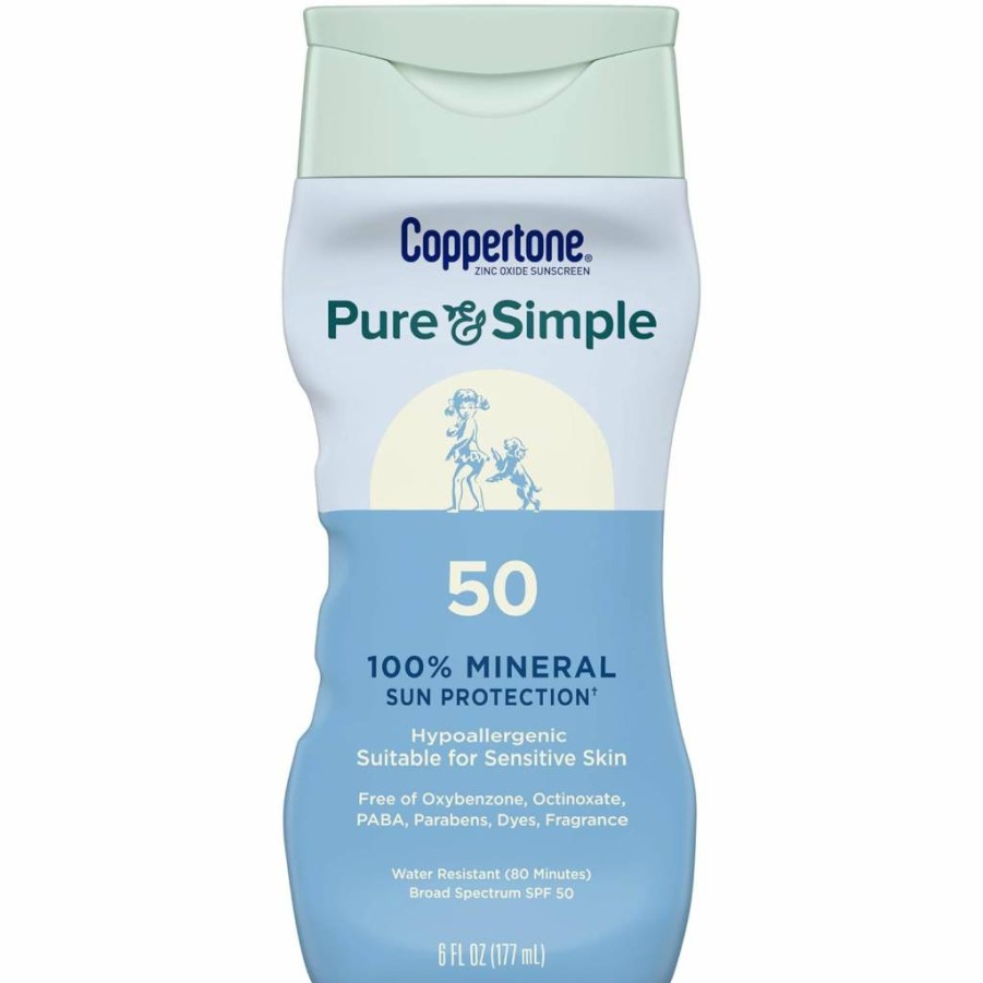 Coppertone Pure & Simple SPF 50 Zinc Oxide Sunscreen Lotion – Broad Spectrum UVA/UVB Protection – 6 oz Fragrance-Free Mineral Sunscreen