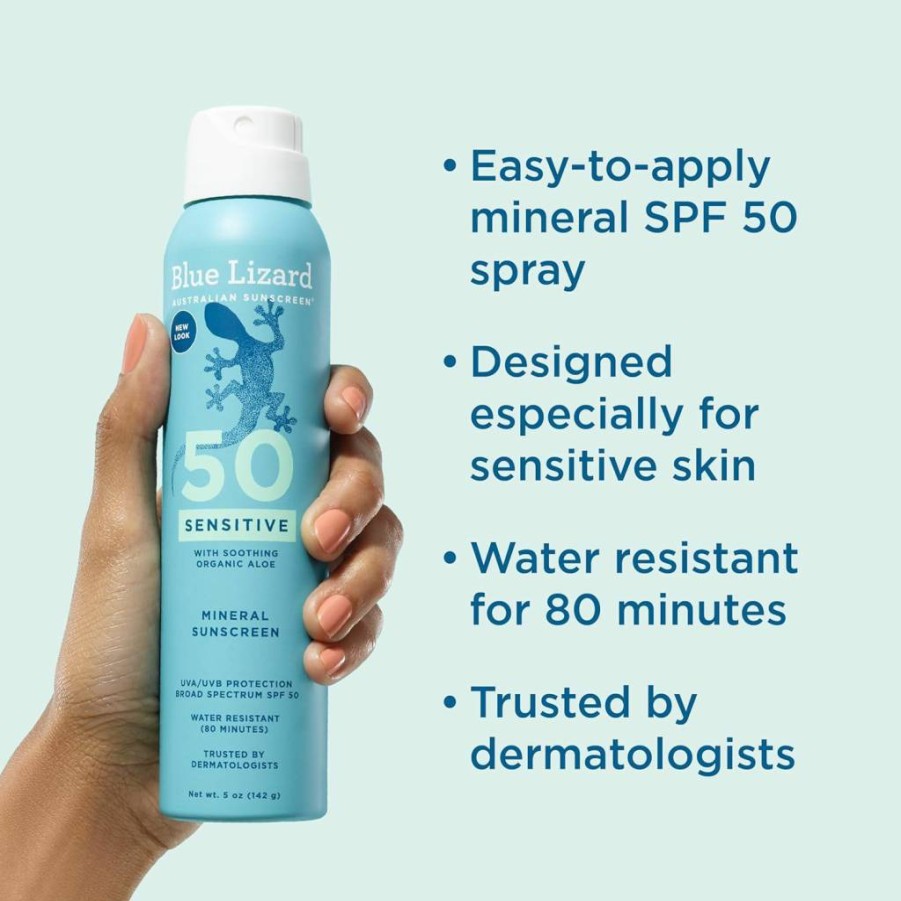 BLUE LIZARD Mineral Sensitive Skin Sunscreen SPF 50+ Spray – 5 oz, UVA/UVB Protection, Water-Resistant, Reef-Safe