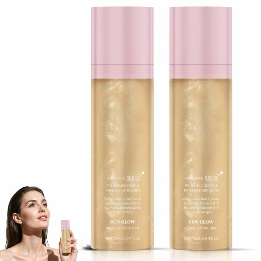 YETARY 2Pcs SPF 50 Shimmering Sunscreen Mist - Broad Spectrum Hydrating Face & Body Spray, Non-Greasy Fast-Absorbing Glow Oil for Makeup-Friendly Protection