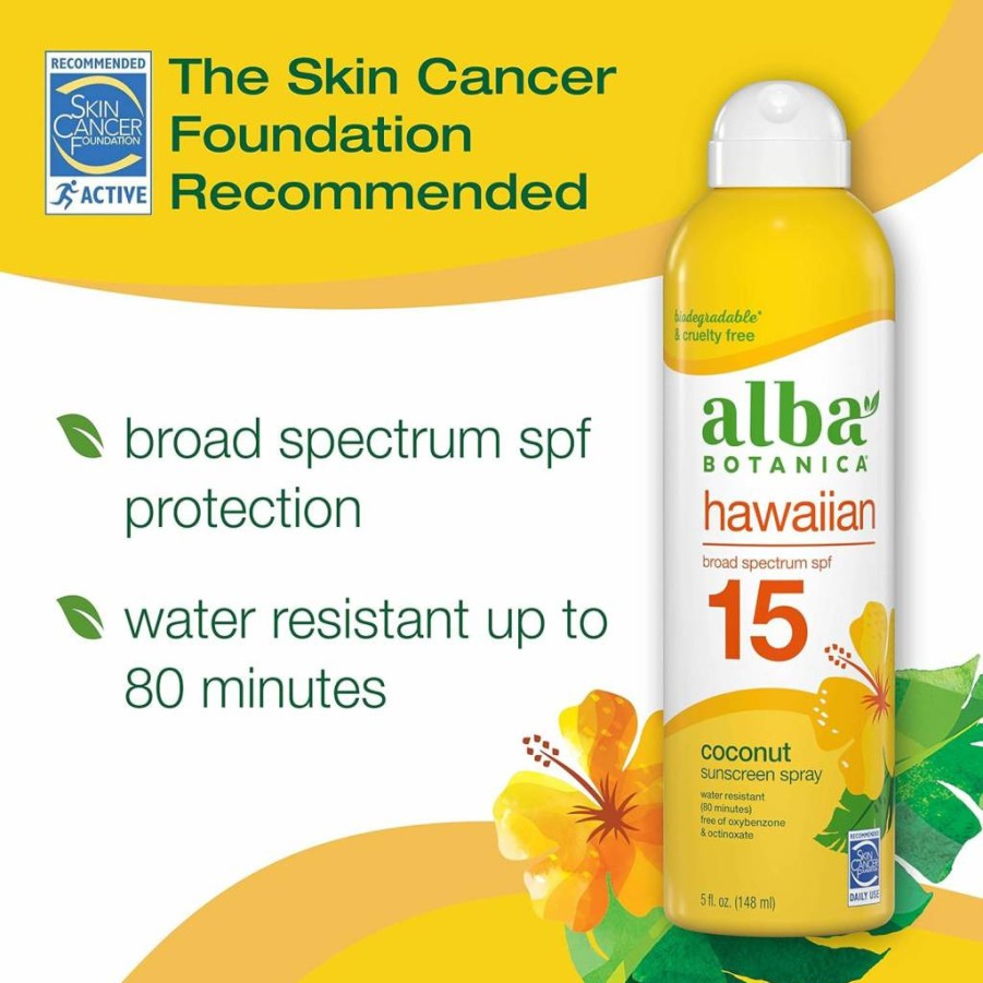 Alba Botanica Hawaiian Coconut SPF 50 Sunscreen Spray for Face & Body - Broad Spectrum, Water Resistant, Biodegradable (5 Fl Oz)