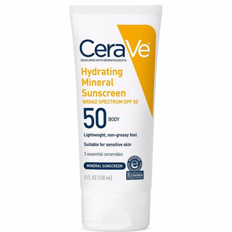CeraVe Mineral Sunscreen SPF 50 for Body with Zinc Oxide, Titanium Dioxide, Hyaluronic Acid & Ceramides – Oil-Free, Non-Greasy, Hydrating Sunscreen – 5 oz