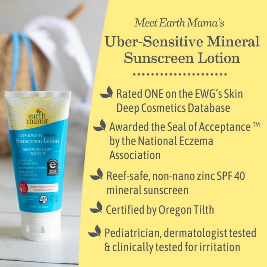 Earth Mama SPF 40 Mineral Sunscreen Lotion | Reef Safe, Non-Nano Zinc Oxide, Organic Colloidal Oatmeal | Eczema-Safe for Baby, Kids & Sensitive Skin, 3 oz
