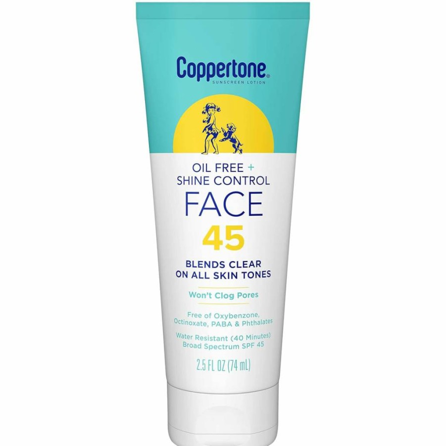 Coppertone Oil-Free Face Sunscreen SPF 45, Non-Comedogenic & Fragrance-Free, Shine Control Lotion for All Skin Tones, 2.5 oz Lightweight Formula