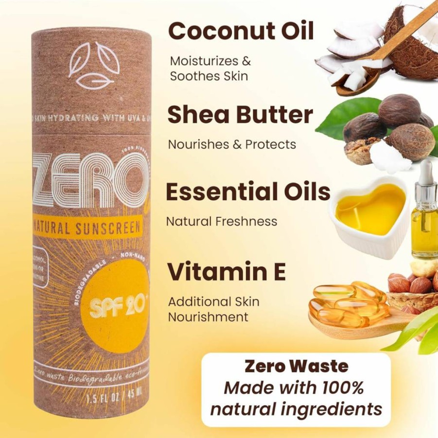 ZERO3 Natural Sunscreen Stick SPF 20 | Reef Safe, Plastic-Free, Zero Waste | Beeswax, Shea Butter & Coconut Oil | Water Resistant, Kid Friendly | 1.5 Oz Cardboard Tube Sunblock
