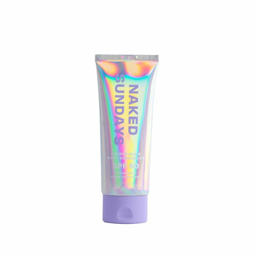 Naked Sundays SPF50 Golden Glow Body Sunscreen – Broad Spectrum UVA/UVB Protection, Shimmering & Firming, Fragrance-Free, Non-Transfer Lotion (100mL)