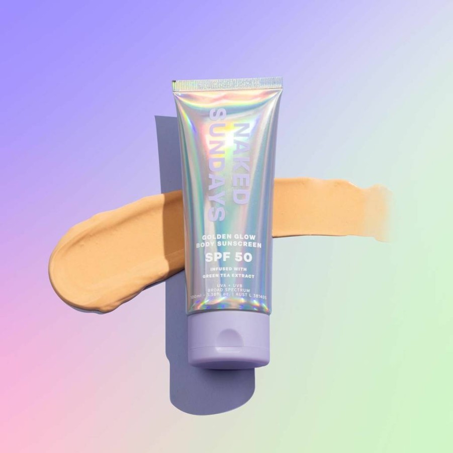 Naked Sundays SPF50 Golden Glow Body Sunscreen – Broad Spectrum UVA/UVB Protection, Shimmering & Firming, Fragrance-Free, Non-Transfer Lotion (100mL)