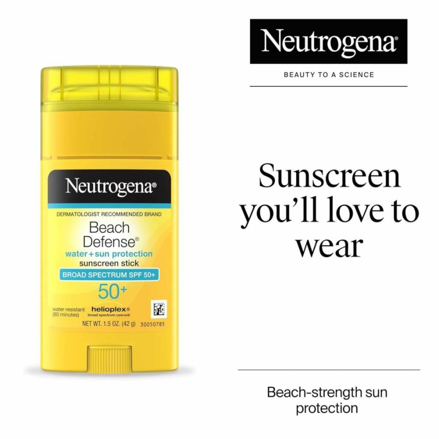 Neutrogena Beach Defense Sunscreen Stick SPF 50, 1.5 Oz – Oxybenzone-Free, Water-Resistant, Hands-Free Face & Body Protection, Travel-Friendly