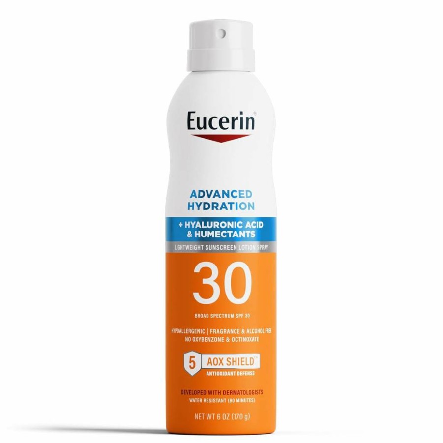Eucerin SPF 30 Sunscreen Spray with Hyaluronic Acid, Lightweight & Hypoallergenic, Fragrance-Free, Alcohol-Free, 6 oz – Advanced Hydration for All Skin Types