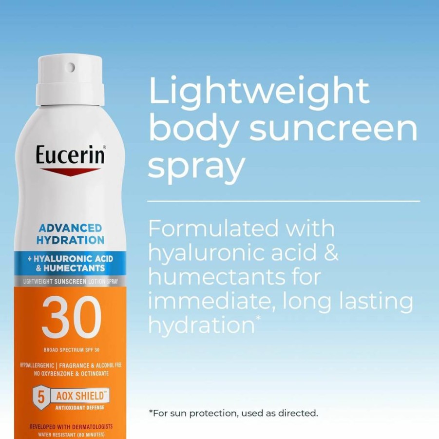 Eucerin SPF 30 Sunscreen Spray with Hyaluronic Acid, Lightweight & Hypoallergenic, Fragrance-Free, Alcohol-Free, 6 oz – Advanced Hydration for All Skin Types