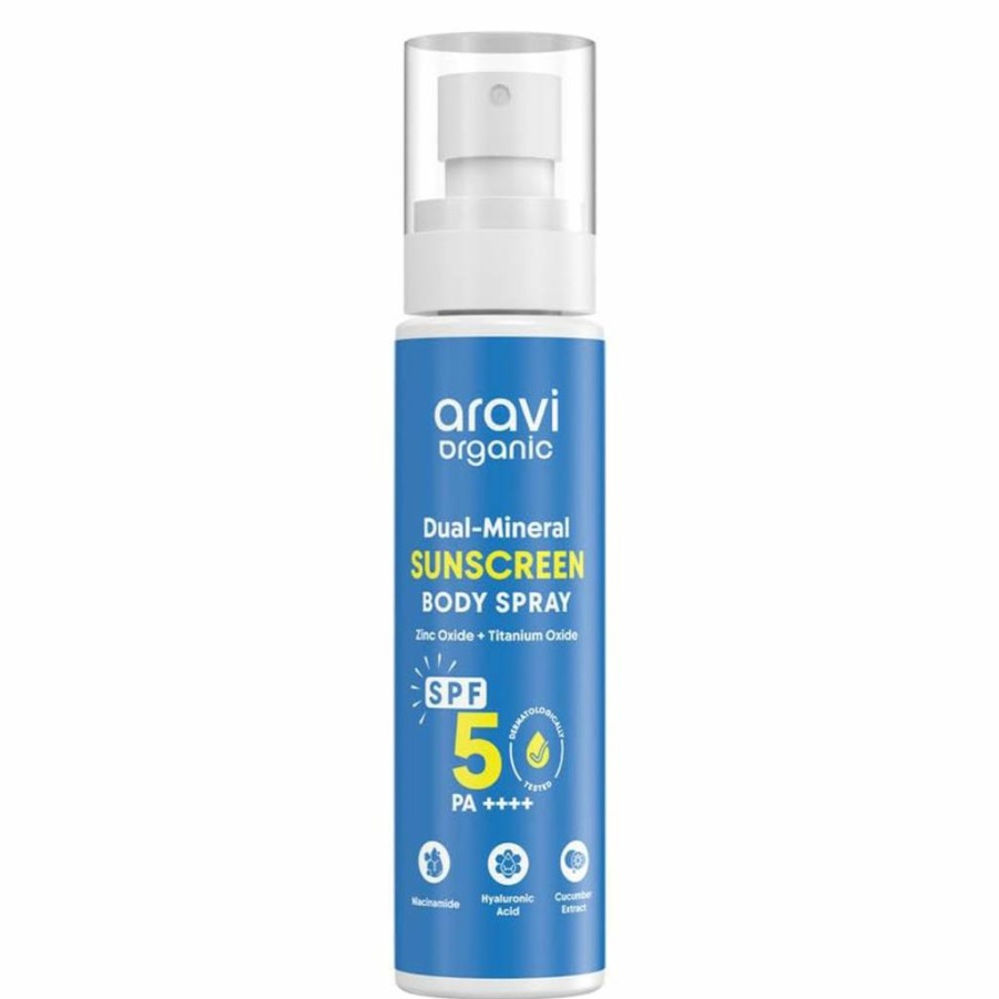 Aravi Organic SPF 50 PA++++ Mineral Sunscreen Body Spray - Zinc Oxide & Titanium Dioxide, Water-Resistant, Broad Spectrum UVA/UVB Protection for All Skin Types - 3.3 Fl Oz (100ml)