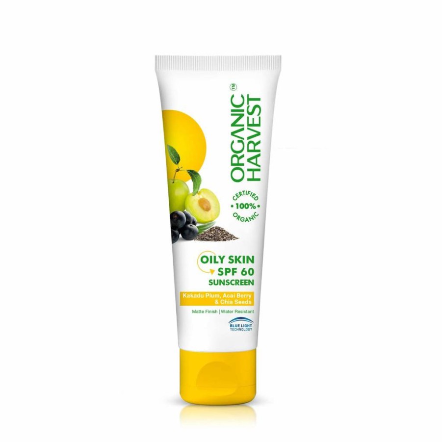 Organic Harvest SPF 60 PA+++ Sunscreen for Oily & Acne-Prone Skin | UVA/UVB Protection | Hydrating, Sulphate & Paraben Free Lotion (100g) for Men & Women