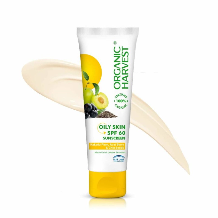 Organic Harvest SPF 60 PA+++ Sunscreen for Oily & Acne-Prone Skin | UVA/UVB Protection | Hydrating, Sulphate & Paraben Free Lotion (100g) for Men & Women