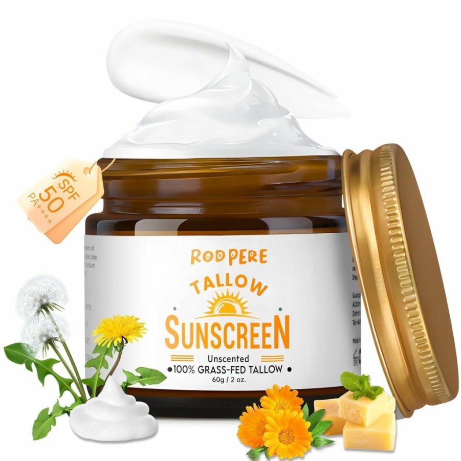 RodPere SPF 50 Natural Tallow Sunscreen Balm for Face & Body – Broad Spectrum, Reef Safe, Zinc & Hyaluronic Acid, Moisturizing, No White Residue, 2-Pack for Sensitive Skin