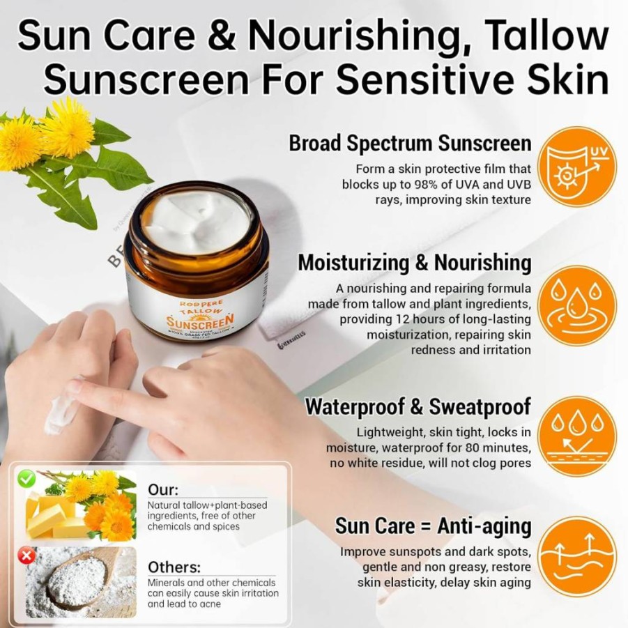 RodPere SPF 50 Natural Tallow Sunscreen Balm for Face & Body – Broad Spectrum, Reef Safe, Zinc & Hyaluronic Acid, Moisturizing, No White Residue, 2-Pack for Sensitive Skin
