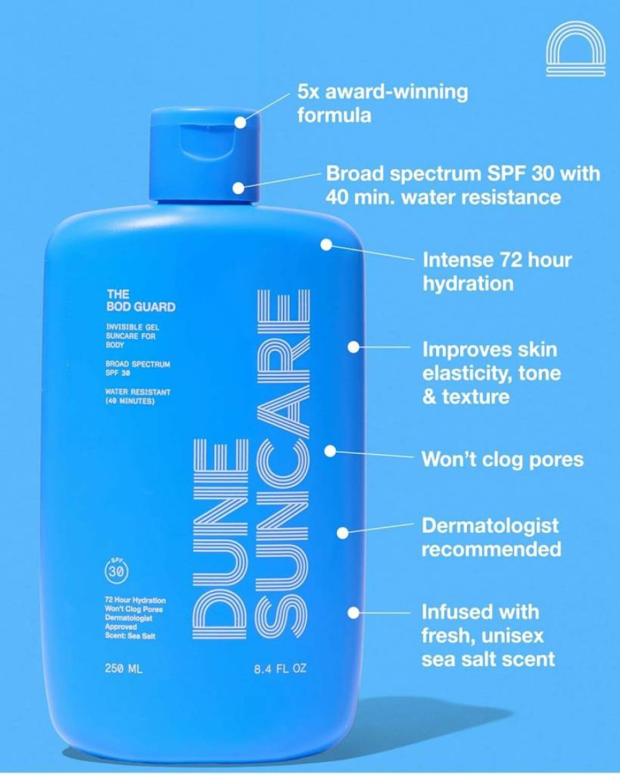 DUNE SUNCARE The Bod Guard - Invisible Gel Body Sunscreen SPF 30, Broad Spectrum, Reef Safe, 72-Hour Hydration, Water Resistant 40 Mins, Non-Greasy, For Oily Skin, 8.4 Fl Oz