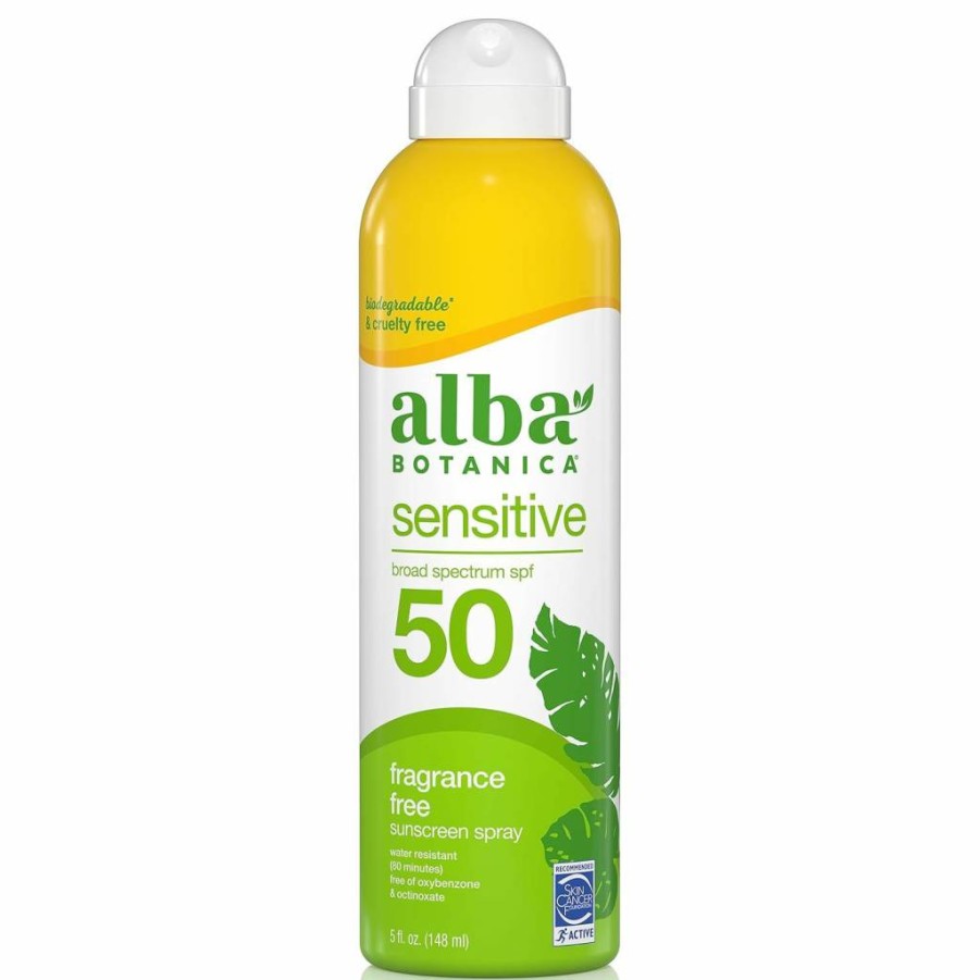 Alba Botanica Fragrance-Free Sensitive Sunscreen Spray SPF 50 for Face & Body, Broad Spectrum, Water Resistant, 5 oz