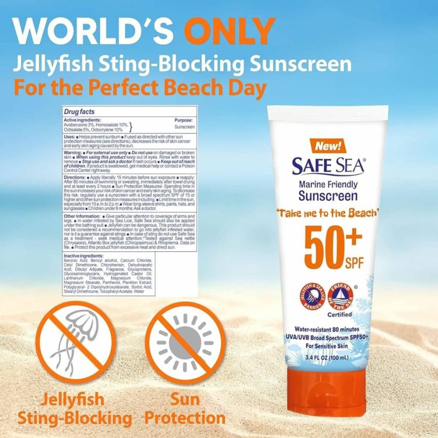 Safe Sea Anti-Jellyfish Sting & Sun Protection Lotion SPF 50 - 3.4 Oz Tube (2 Pack) - Shields Against Jellyfish, Sea Lice & UV Rays