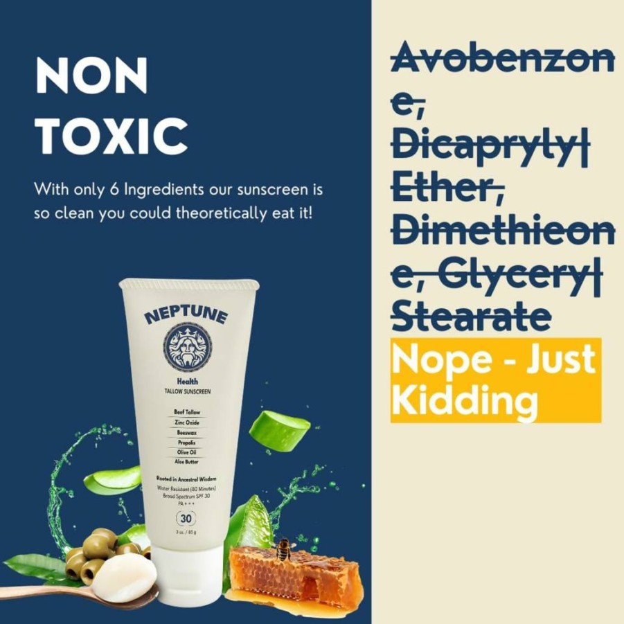 Neptune Health Mineral Sunscreen with Zinc Oxide, Grass-Fed Beef Tallow & Propolis for Healing, Moisturizing & Non-Toxic UV Protection