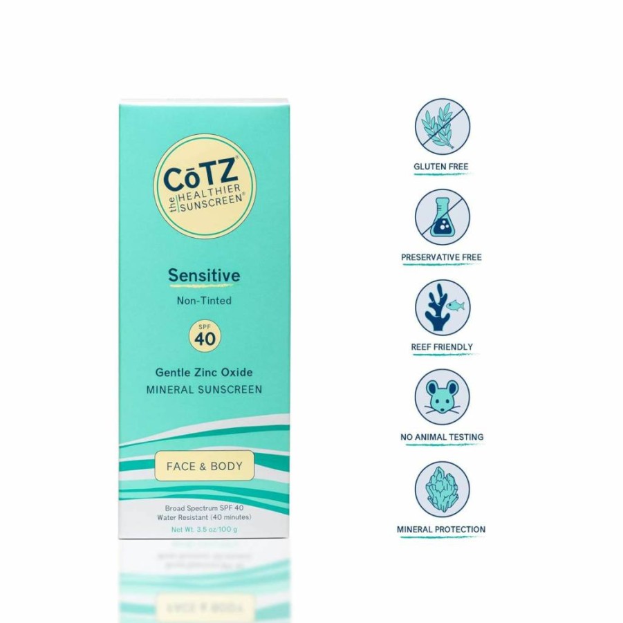 Amazon Cotz Sensitive SPF 40 Mineral Sunscreen - Non-Tinted Zinc Oxide Sunblock for Face & Body - Broad Spectrum Protection - 3.5 Oz Oil-Free Physical Sunscreen