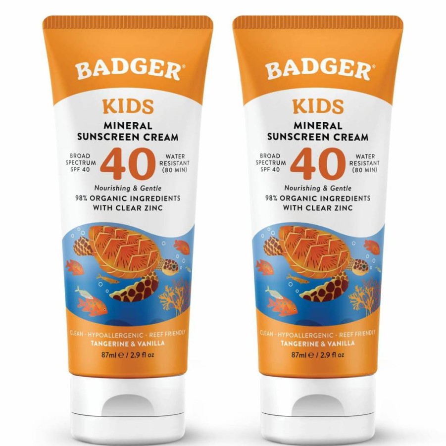 Badger Kids Mineral Sunscreen SPF 40 - 98% Organic Zinc Oxide Sunblock for Face & Body, Water Resistant, Reef Safe, Hawaii Approved, 2.9 Fl Oz (2-Pack)