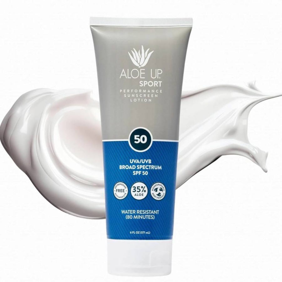 ALOE UP SPF 50 Sport Sunscreen Lotion - Broad Spectrum UVA/UVB Protection for Face & Body, Hydrating Aloe Vera, Non-Greasy, Reef Safe, Fragrance-Free, No White Cast, 6 Oz