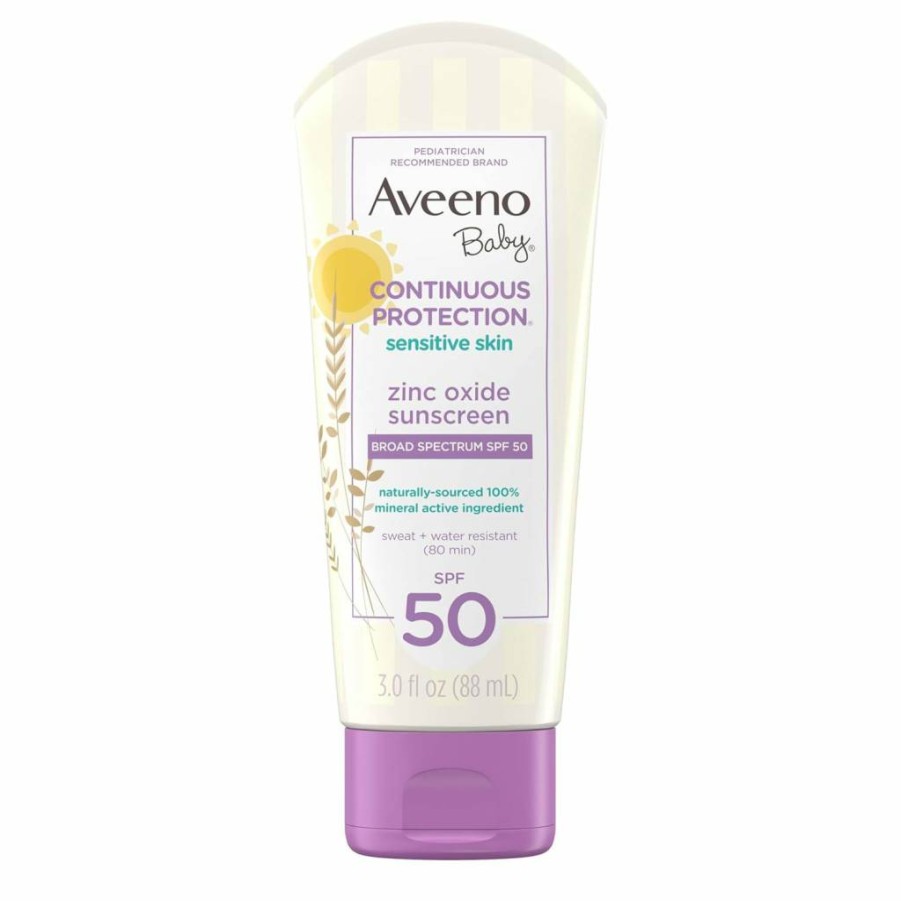 Aveeno Baby Mineral Sunscreen SPF 50 for Sensitive Skin, Tear-Free, Water-Resistant, Paraben-Free, Travel Size 3 oz, Broad Spectrum Zinc Oxide Protection