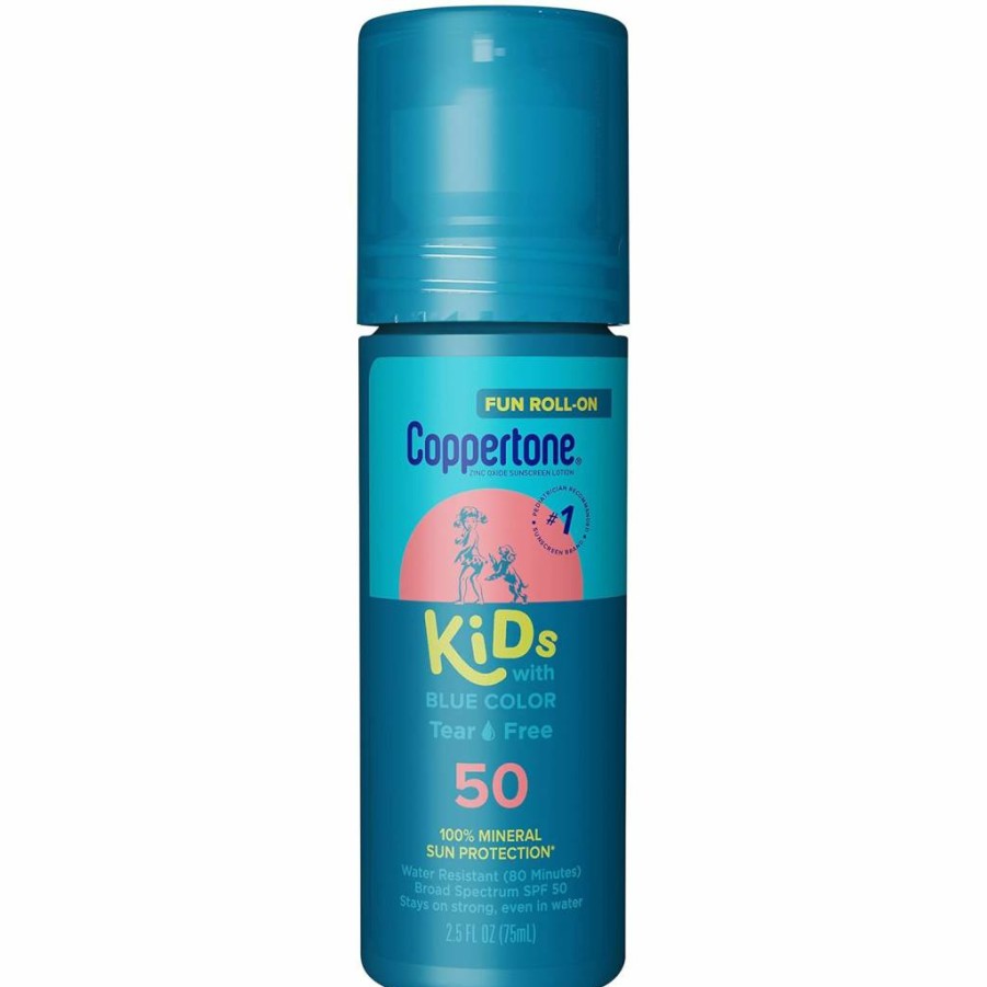 Coppertone Kids Tear Free Roll On Sunscreen SPF 50 with Zinc Oxide, Blue Color Formula, 2.5 Fl Oz Travel-Friendly Tube