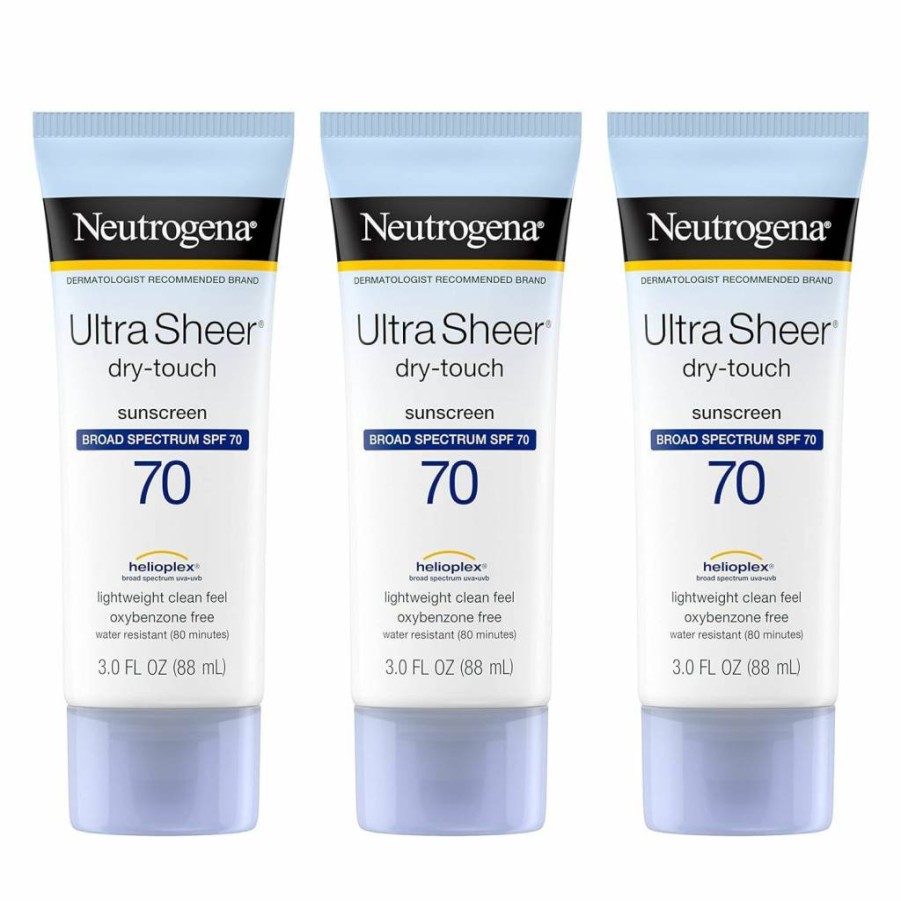 Neutrogena Ultra Sheer Dry-Touch Sunscreen SPF 70, Broad Spectrum UVA/UVB Protection, Water Resistant, Non-Greasy, Non-Comedogenic, Travel Size 3 oz (Pack of 3)