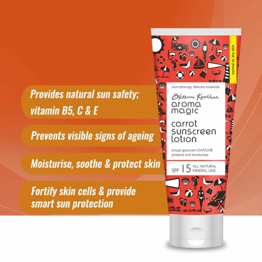 Aroma Magic Carrot Sunscreen Lotion SPF 15 - Broad Spectrum UVA/UVB Protection, Non-Nano Zinc Oxide Mineral Sunblock, Non-Greasy Moisturizer for Dry Skin, 3.38 Fl Oz (100ml)