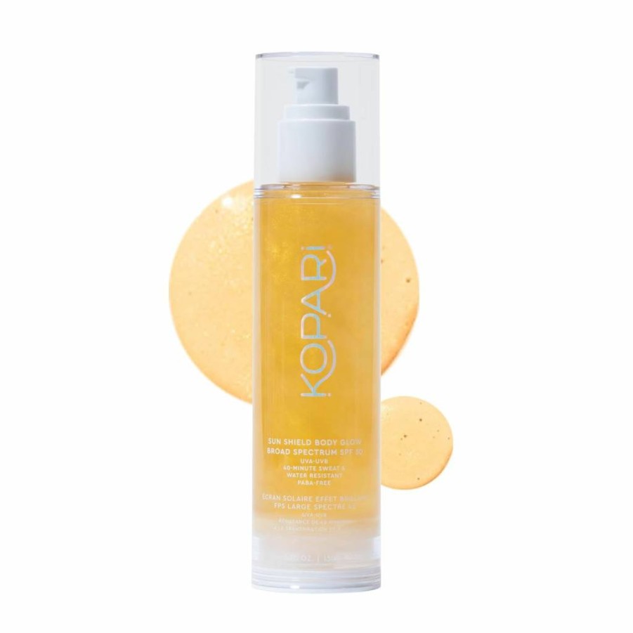 Kopari Sun Shield Body Glow SPF 30 – Lightweight Shimmering Gel with Golden Amber Glow, Non-Sticky & Fast-Absorbing Broad Spectrum Sunscreen (5 Oz)