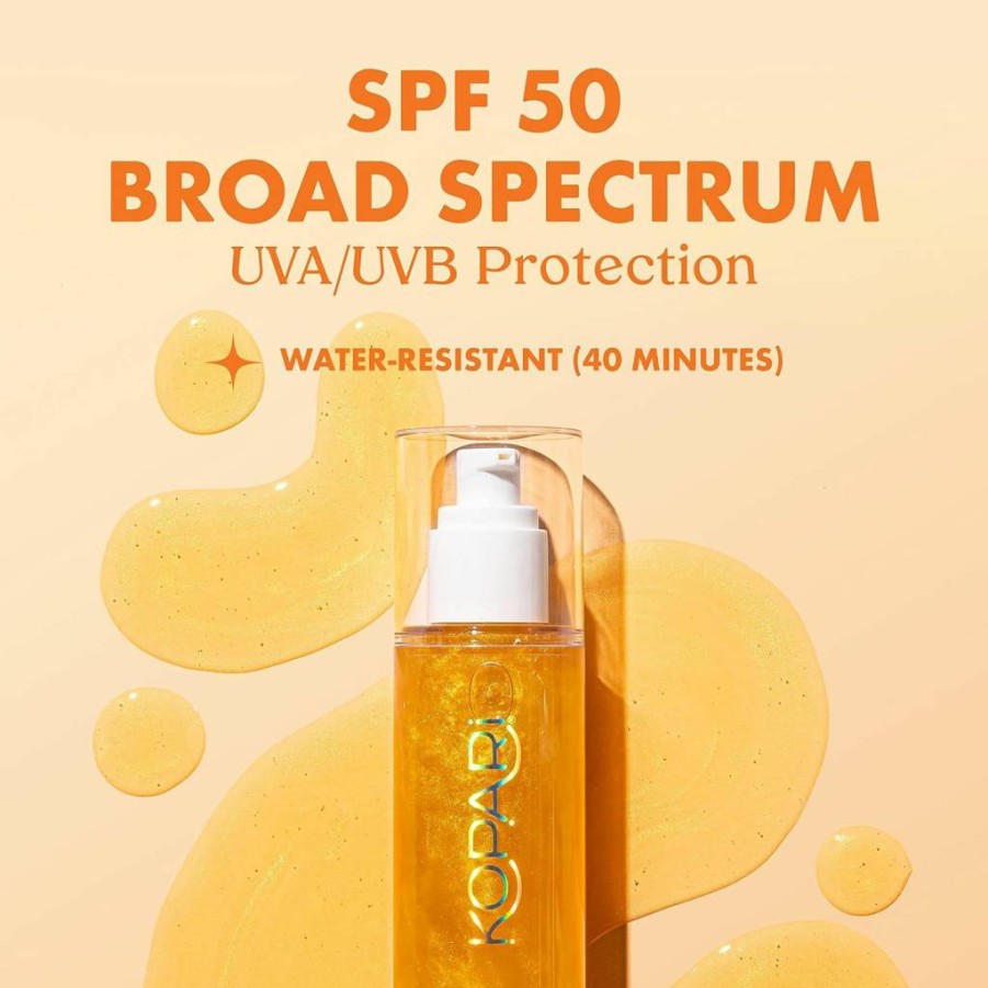 Kopari Sun Shield Body Glow SPF 30 – Lightweight Shimmering Gel with Golden Amber Glow, Non-Sticky & Fast-Absorbing Broad Spectrum Sunscreen (5 Oz)