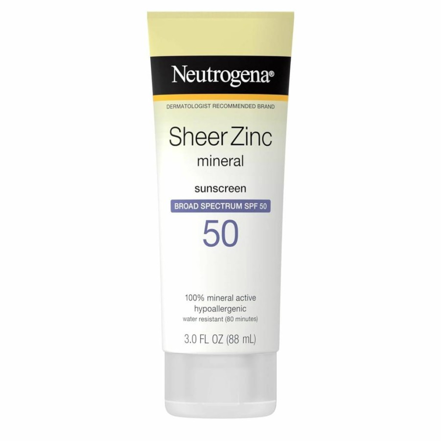 Neutrogena Sheer Zinc Oxide Mineral Sunscreen SPF 50 - Broad Spectrum UVA/UVB Protection, Water-Resistant, Non-Greasy & Hypoallergenic, Paraben-Free, 3 oz