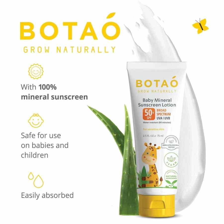 BOTAO SPF50 Baby Sunscreen Lotion - 100% Mineral Zinc Oxide, Broad Spectrum UVA/UVB Protection, Safe for Sensitive Skin, Face & Body, 2.5 Oz