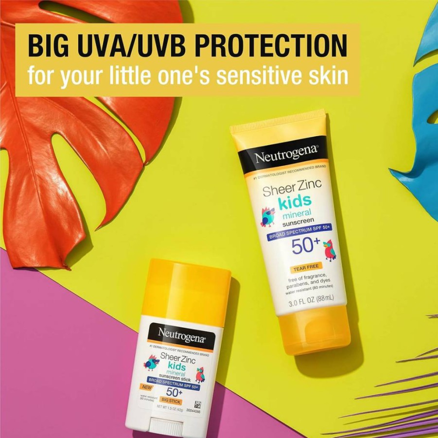 Neutrogena Sheer Zinc Oxide Mineral Sunscreen SPF 50+ for Kids, Broad Spectrum UVA/UVB Protection, Water-Resistant 80 Minutes, Fragrance-Free & Hypoallergenic, 3 oz