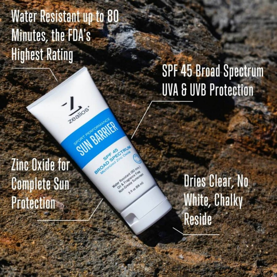 Zealios SPF 45 Sun Barrier Zinc Sunscreen - Broad Spectrum, Water-Resistant, Non-Greasy Body Lotion for Athletes, 3 Oz