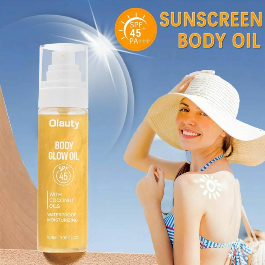 Xiuxixu SPF 45 Sunscreen Body Glow Oil - Lightweight, Waterproof Coconut Moisturizer with Shimmer for Beach & Travel, Non-Sticky Rose Scented Skin Hydration