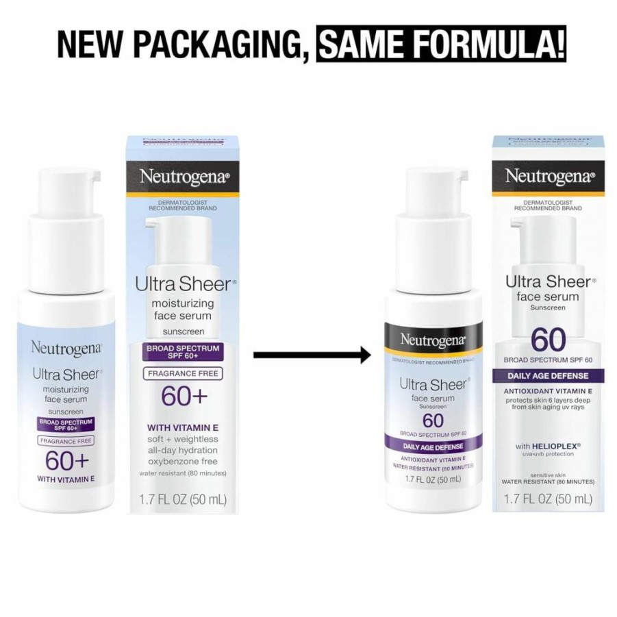 Neutrogena Ultra Sheer SPF 60 Vitamin E Face Serum | Broad Spectrum UVA/UVB Protection | Fragrance-Free & Oxybenzone-Free | 1.7 Fl Oz Moisturizing Sunscreen